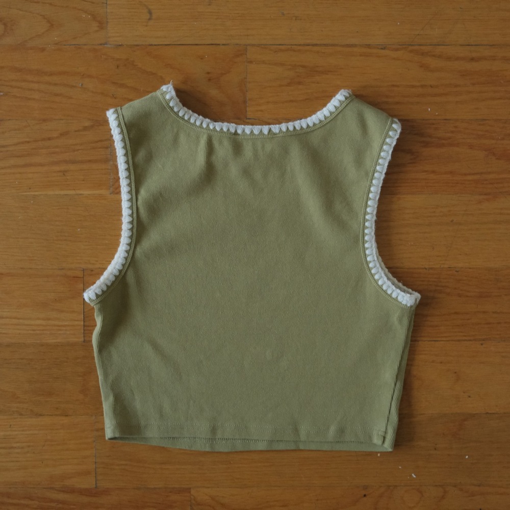 Bacio Tank Top Women‎ Green Crochet Trim Ribbed Knit S Cottagecore Casual Boho - Picture 6 of 7